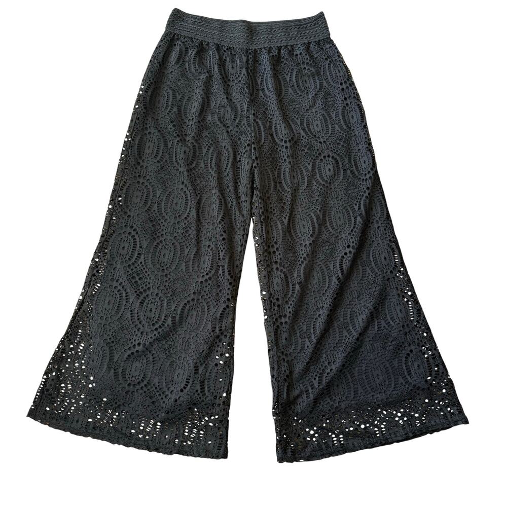 Black Lace Crochet Overlay Wide Leg Ankle Pants Sz XL Romantic Gothic Boho Indie